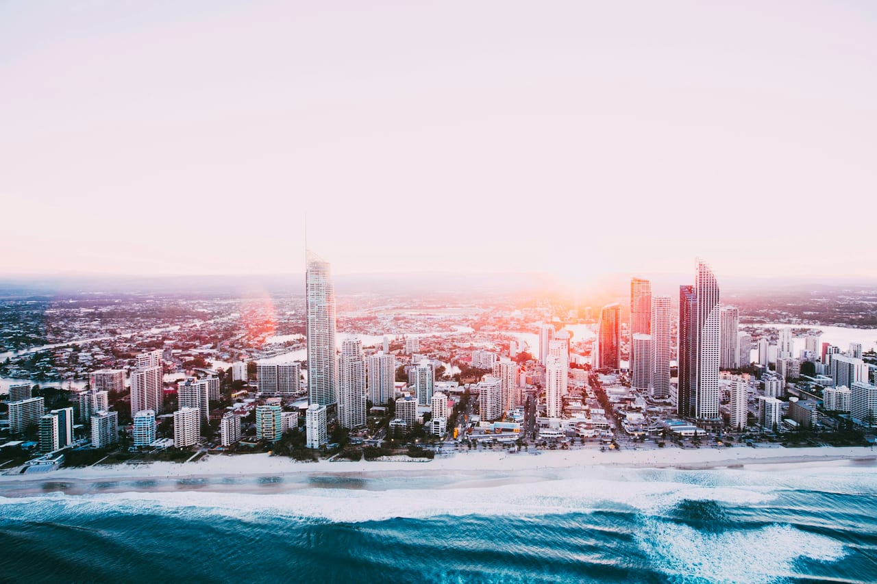 The Gold Coast skyline along the beach at Surfers Paradise.