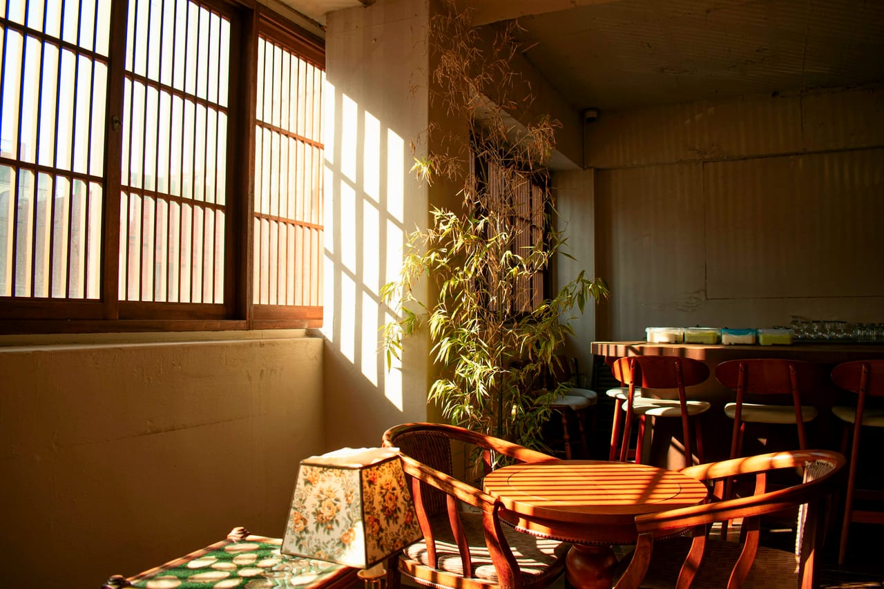 A café interior with a table, chairs and a potted plant
