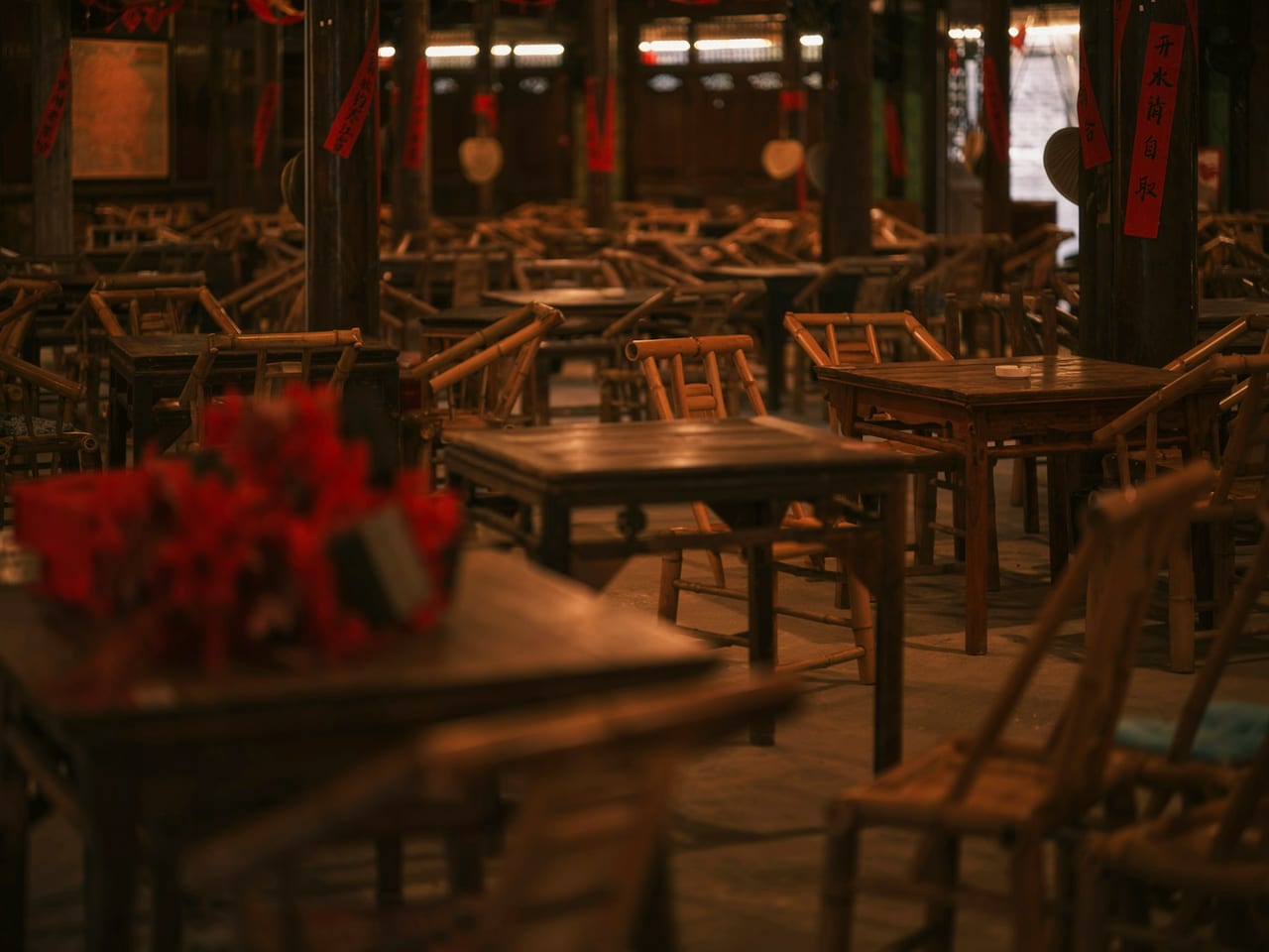A traditional restaurant with wooden tables and chairs