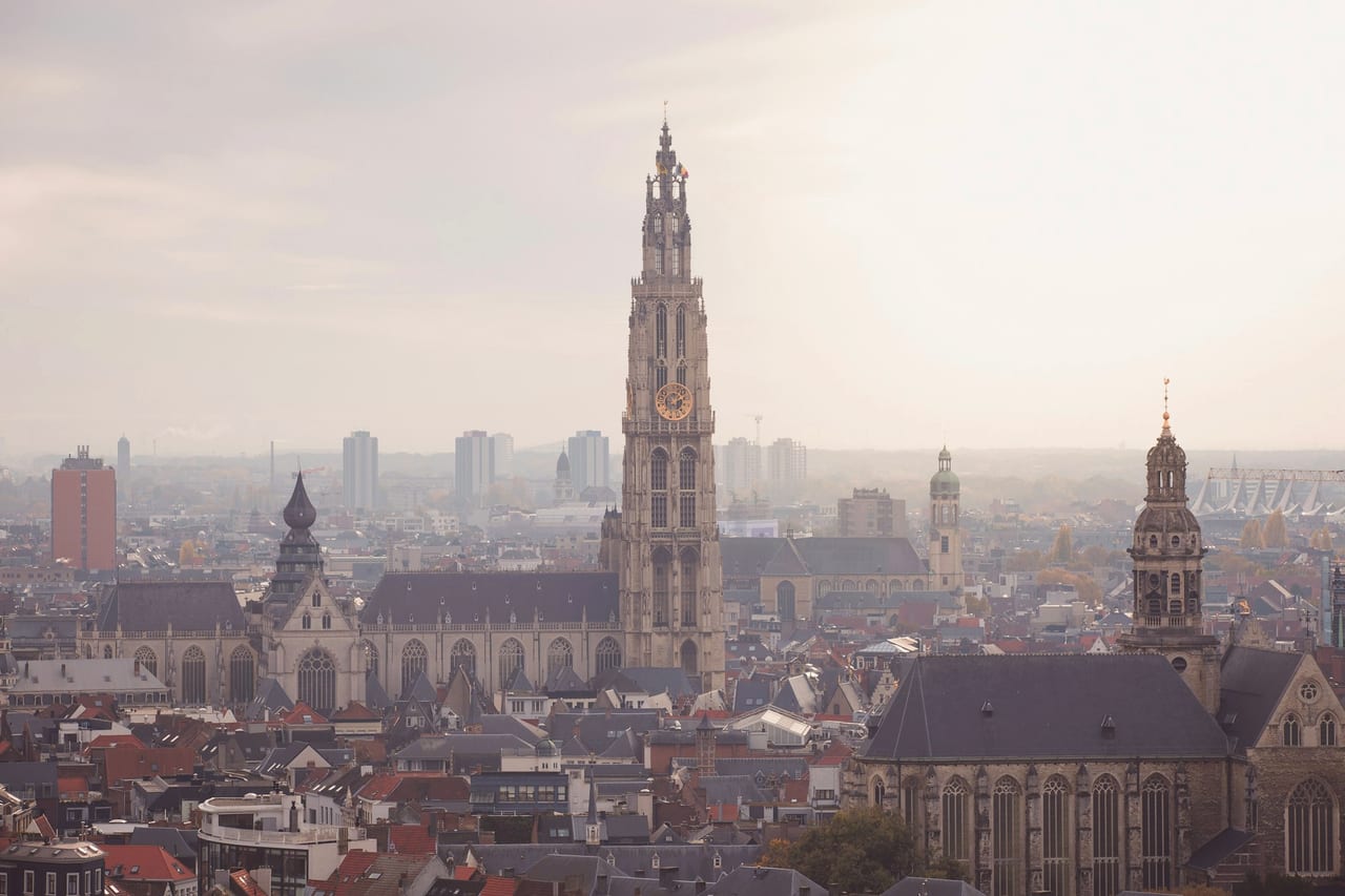 Antwerp's rooftops and the cathedral tower above the old centre
