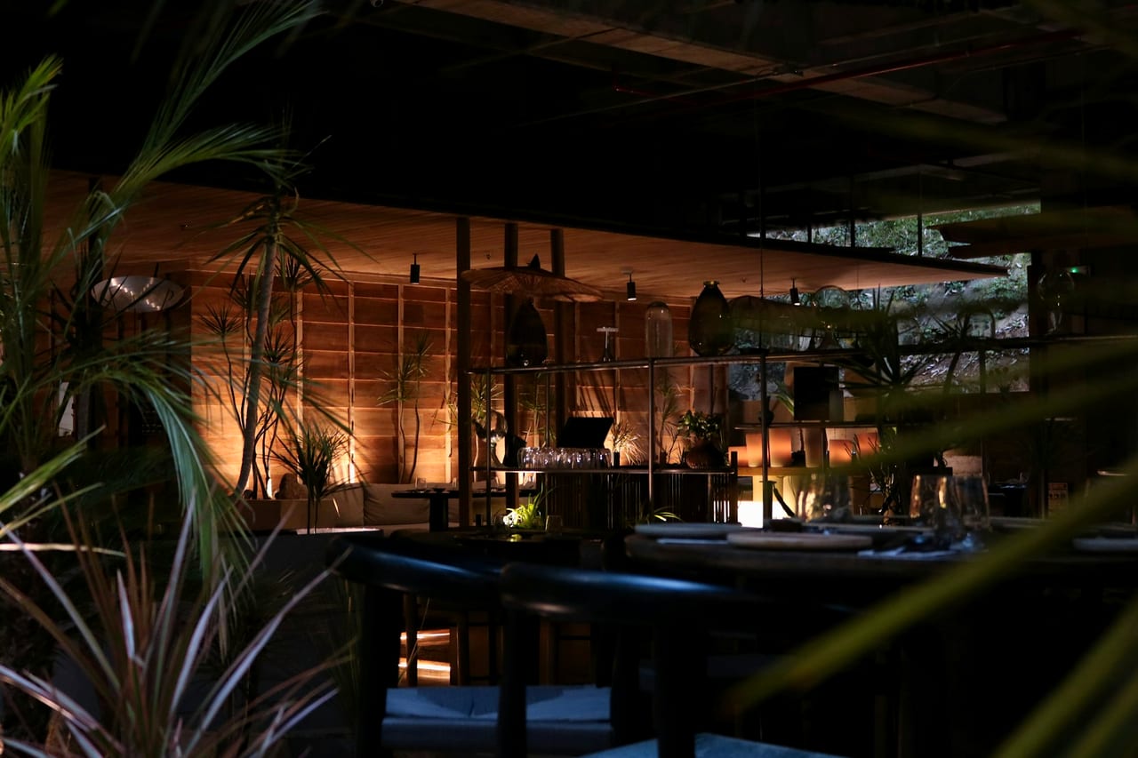 A warm, low-lit dining room dressed with greenery