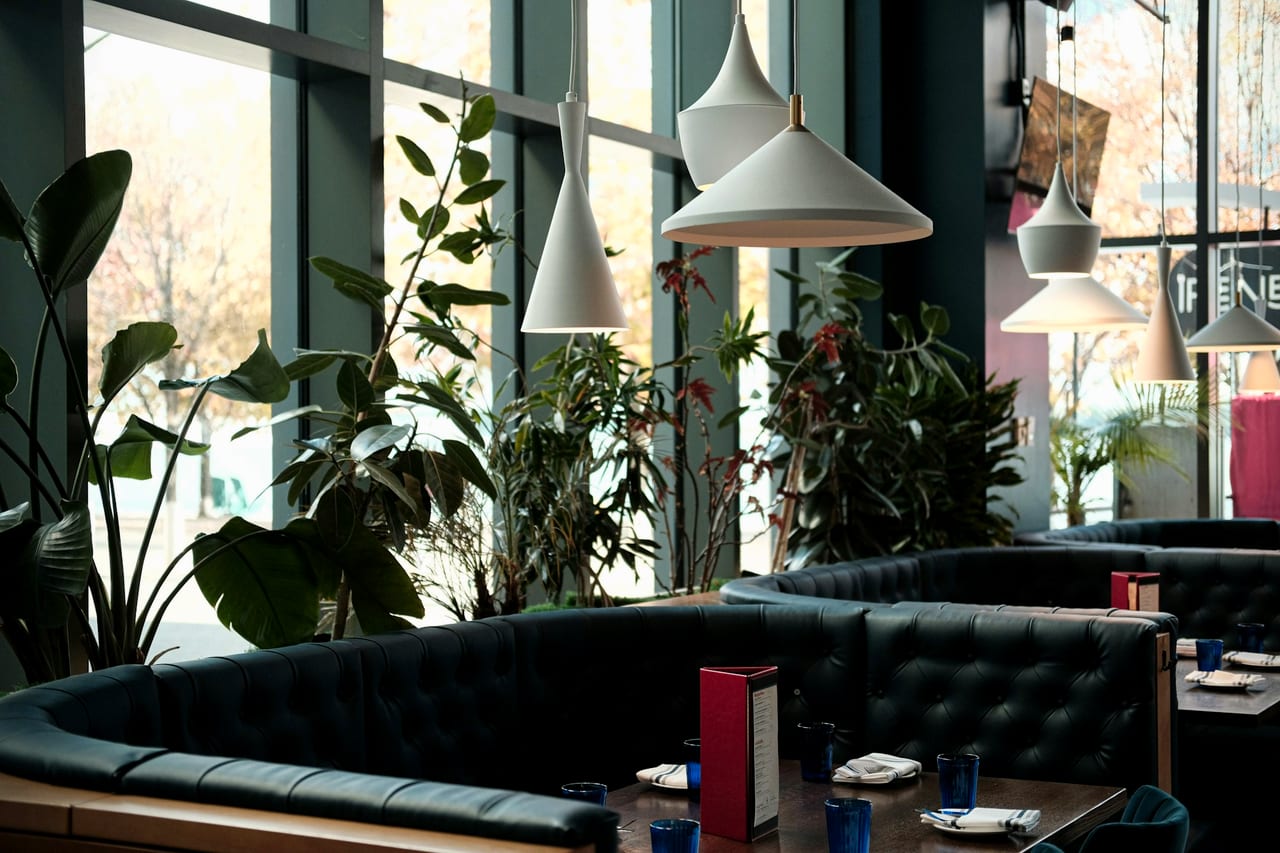 Salle lumineuse d'une brasserie nantaise, banquettes vertes, plantes et grandes fenêtres