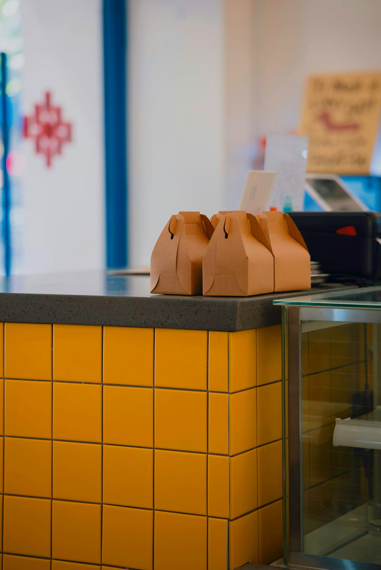 Takeaway boxes on a service counter